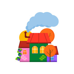 Bright city houses with smoke coming from the chimney and autumn trees. Vector illustration