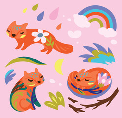 Fototapeta na wymiar Romantic set of cute foxes with floral elements. Vector illustration