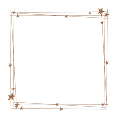 Square frame made of thin golden lines and stars. Place for text. Isolated on a white background.