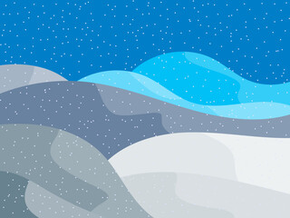 Winter landscape with snowy hills. Mountain landscape in flat style, winter cold weather. View of the snowy hills. Design for posters, travel agencies and promotional items. Vector illustration