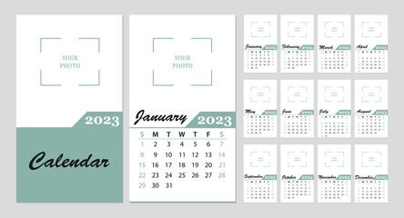 The design of the wall calendar template for 2023. Monthly creative calendar layout. Vector illustration .Calendar covers, templates for 12 months. The week starts on Sunday.
