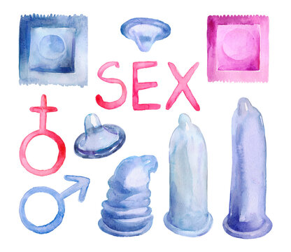 Contraceptives wtercolor icons set. Birth control. Natural vaginal ring