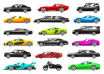 Sport Racing Car and Government Motor Vehicle Side View Big Vector Set