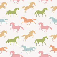 Seamless vector pattern with colorful running horses. Pastel colored horses on a beige background. Graphic print for children