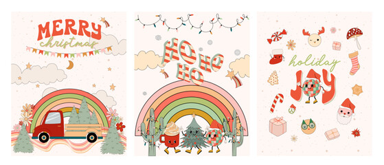 Christams greeting or invitation cards collection. Groovy holiday posters. Editable vector illustration.