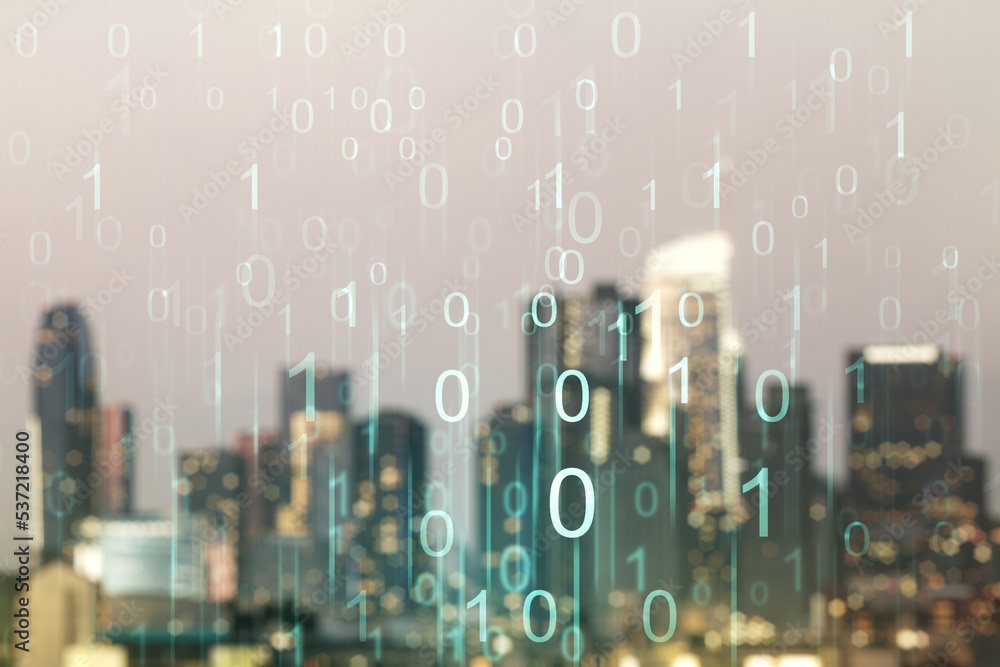 Aufkleber Abstract virtual binary code illustration on blurry skyline background. Big data and coding concept. Multiexposure