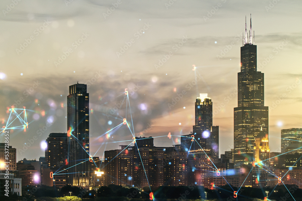 Aufkleber abstract virtual wireless technology hologram on chicago skyline background. big data and database c