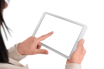 Woman touch tablet display. Isolated PNG transparent background and screen