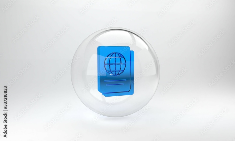 Poster blue passport with biometric data icon isolated on grey background. identification document. glass c