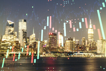 Double exposure of virtual creative financial diagram on New York office buildings background, banking and accounting concept
