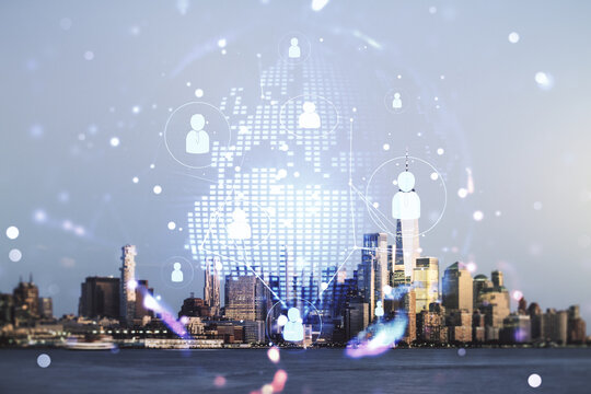 Virtual social network hologram and world map on New York city skyline background. Multiexposure