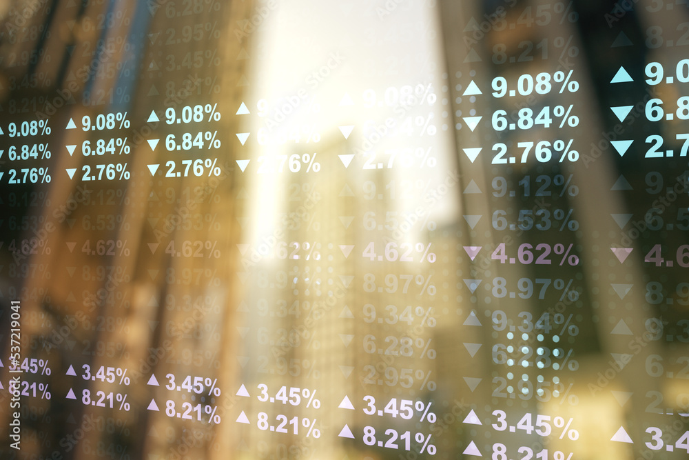 Poster double exposure of abstract virtual statistics data hologram on modern skyscrapers background, stati