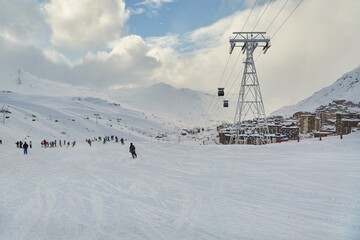 Skiing slopes, with many people