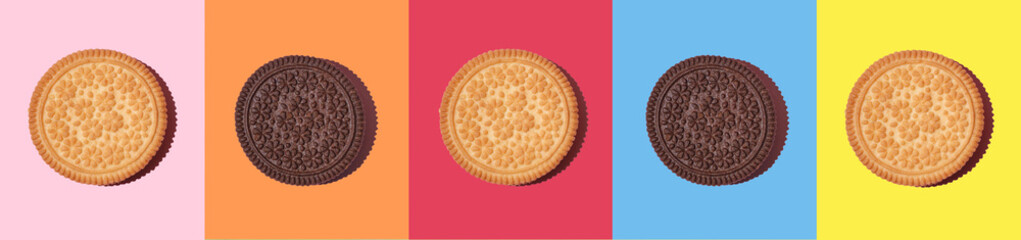 Childrens, festive background banner. Cookies on multi-colored background. horizontal banner.