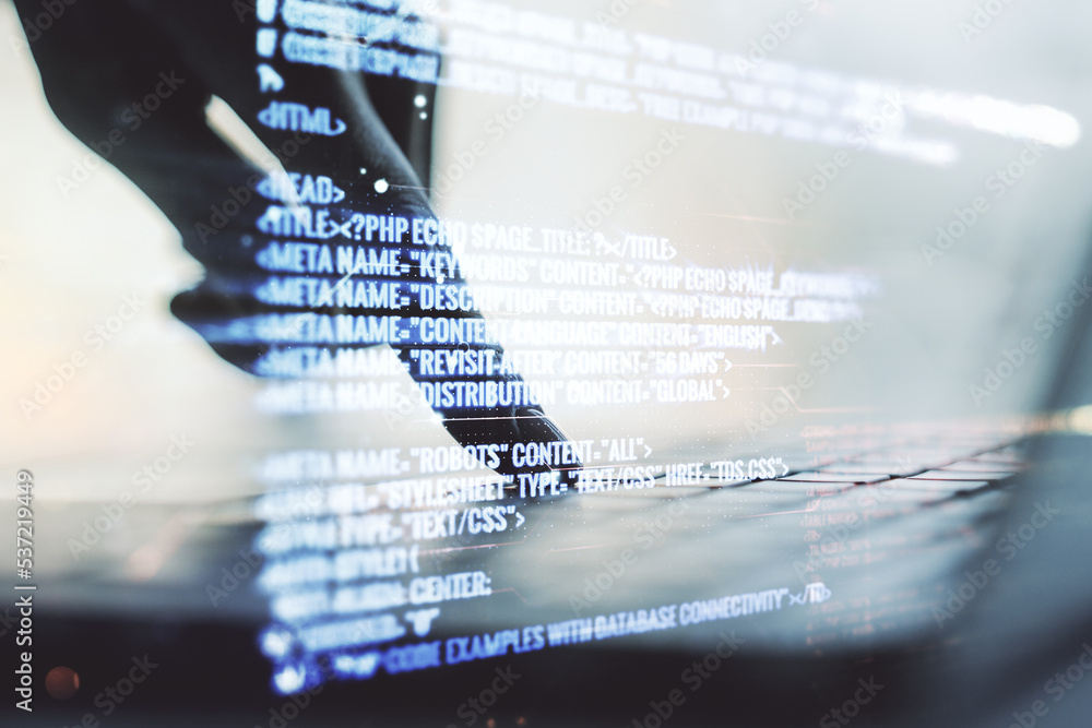 Poster abstract creative coding illustration with hands typing on laptop on background, software developmen