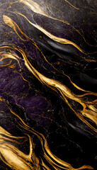 Naklejka na ściany i meble Abstract luxury marble background. Modern digital painting. Gold, black and purple colors. 3d illustration