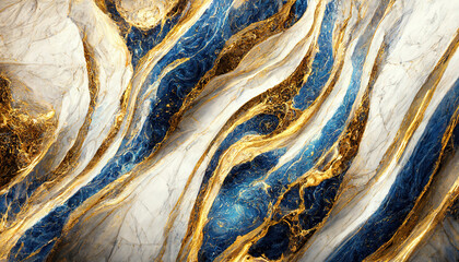 Abstract luxury marble background. Digital art marbling texture. Blue, gold and white colors