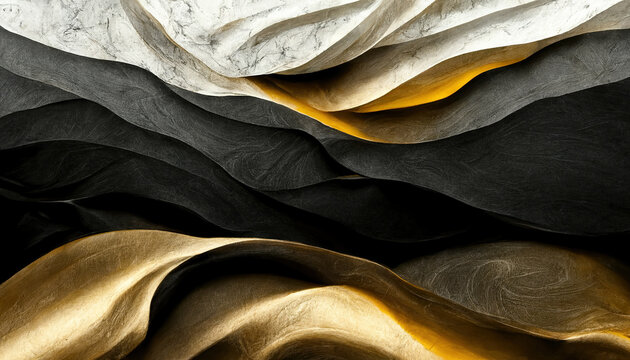 Gold And Black Luxurious Marble Textured Background. Abstract Design, 4k Wallpaper. 3d Illustration
