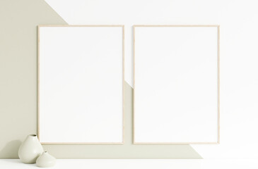 Minimalist clean vertical wooden photo frame mockup hanged in the wall. 3d rendering.