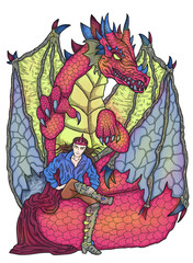 Colorful illustration with fantasy dragon and handsome warrior character boy, hero man or prince isolated on white, manga cartoon style