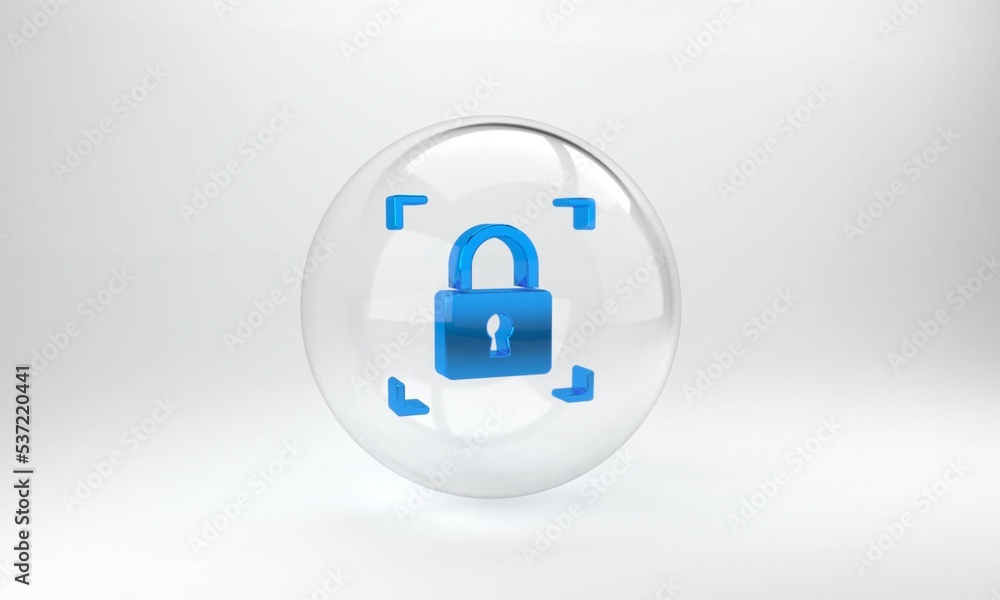Poster blue fingerprint with lock icon isolated on grey background. id app icon. identification sign. touch