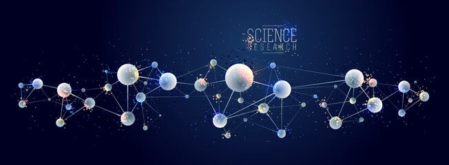 Molecules vector abstract background, 3D dimensional science chemistry and physics theme design element, atoms and particles micro nano scientific illustration. - obrazy, fototapety, plakaty