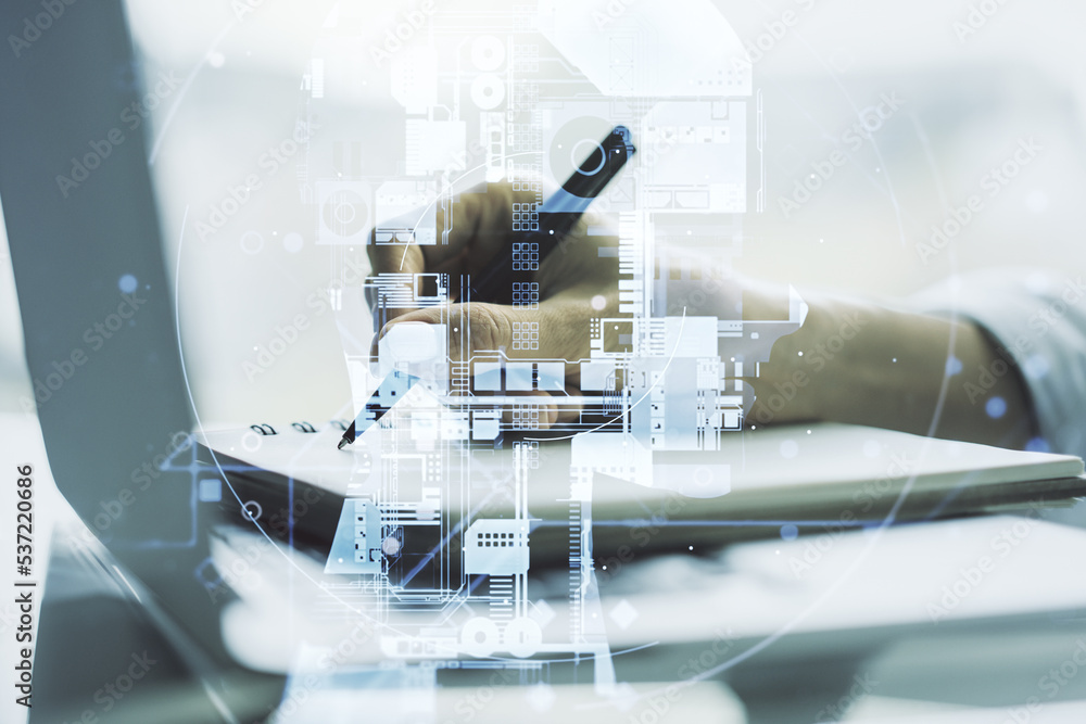 Poster double exposure of creative human head microcircuit with hand writing in notepad on background with 