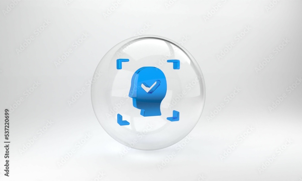 Poster blue face recognition with check mark icon isolated on grey background. face identification scanner 