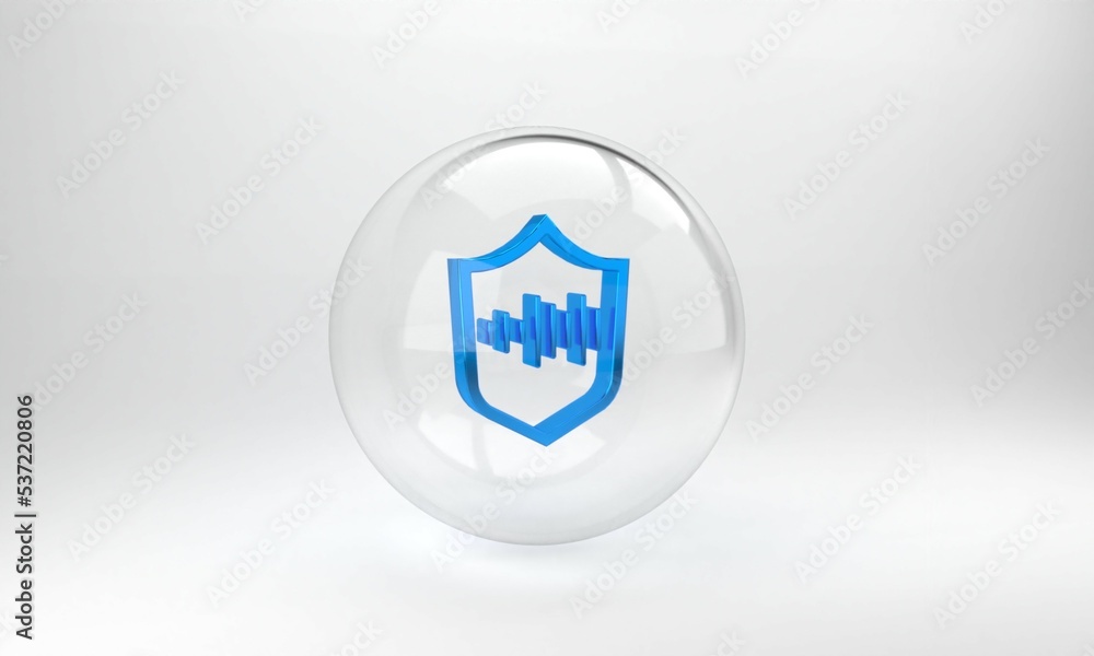 Poster blue shield voice recognition icon isolated on grey background. voice biometric access authenticatio