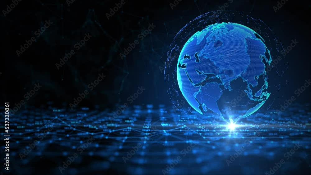Poster technology big data protection concept with dots and lines, globe network connection blue color abst