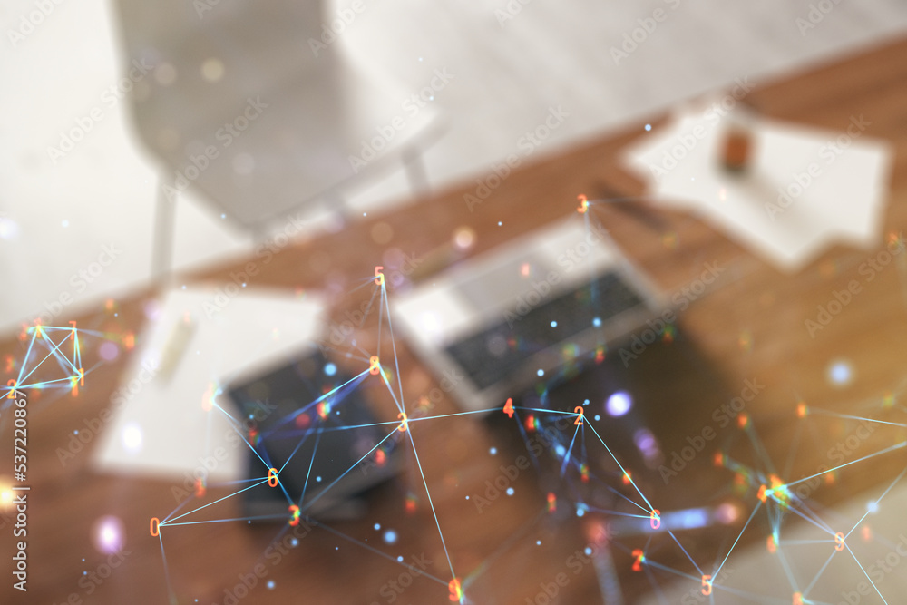 Aufkleber Creative abstract wireless technology hologram and modern desktop with pc on background, artificial intelligence and machine learning concept. Multi exposure