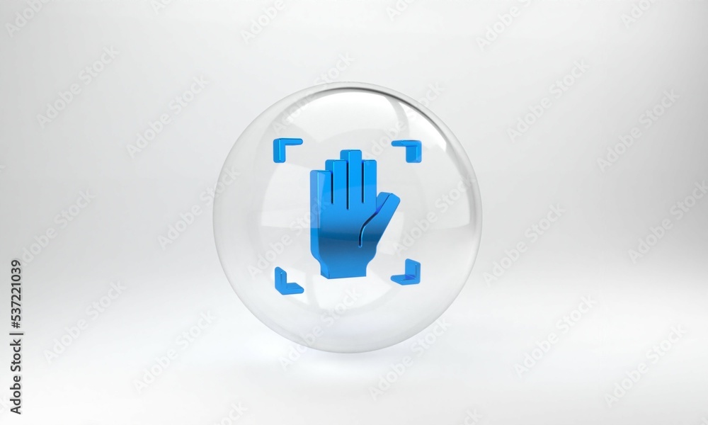 Poster blue palm print recognition icon isolated on grey background. biometric hand scan. fingerprint ident