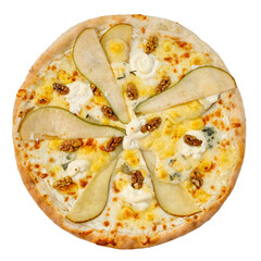 Original and non-traditional fruit homemade sweet pear pizza with cheese, honey and walnuts. Isolated on white. Top view
