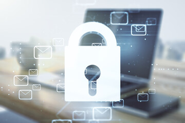 Creative concept with lock symbol and postal envelopes illustration and modern desktop with computer on background. Protection and firewall concept. Multiexposure