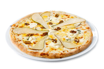 Original and non-traditional fruit homemade sweet pear pizza with cheese, honey and walnuts. Isolated on white, way in path