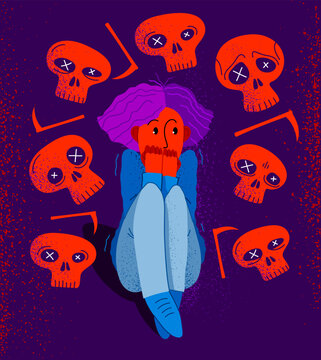 Thanatophobia fear of death vector illustration, girl surrounded with imaginary dead skulls in fear and panic attack, psychology and psychiatry.