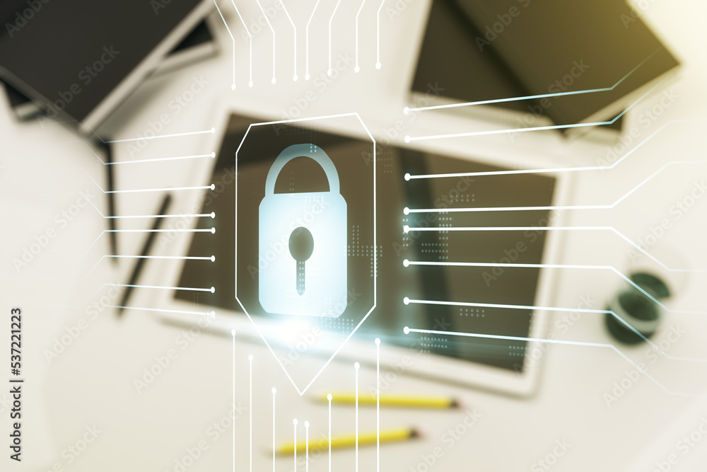 Aufkleber creative lock illustration with microcircuit and modern digital tablet on desktop on background, top