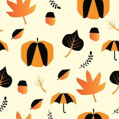 Autumnal seamless pattern with fall season symbols in gradient orange and black. Loopable background, repeatable and vectorized. Hand drawn, minimal flat style. Pumpkins, umbrella, acorn, oak leaf.