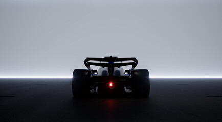 Back view silhouette of a modern generic sports racing car standing in a garage. Realistic 3d rendering © supamotion