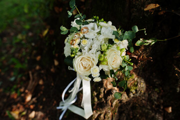 Beautiful tender wedding bouquet and rings.