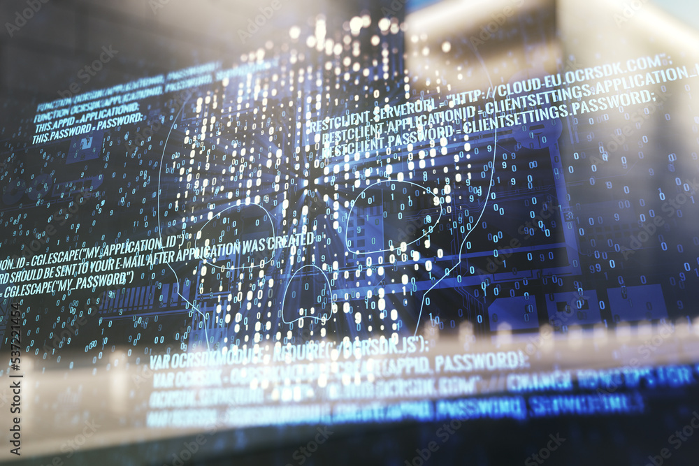 Poster abstract virtual code skull illustration on blurry modern office building background. hacking and ph