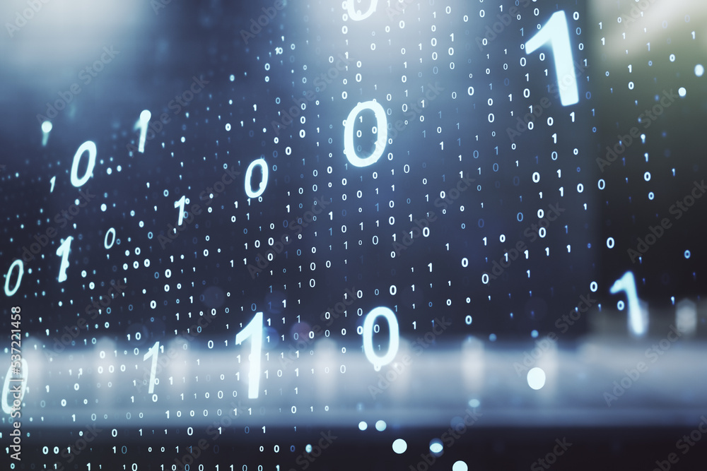 Leinwandbilder Double exposure of abstract virtual binary code hologram on modern business center exterior background. Database and programming concept