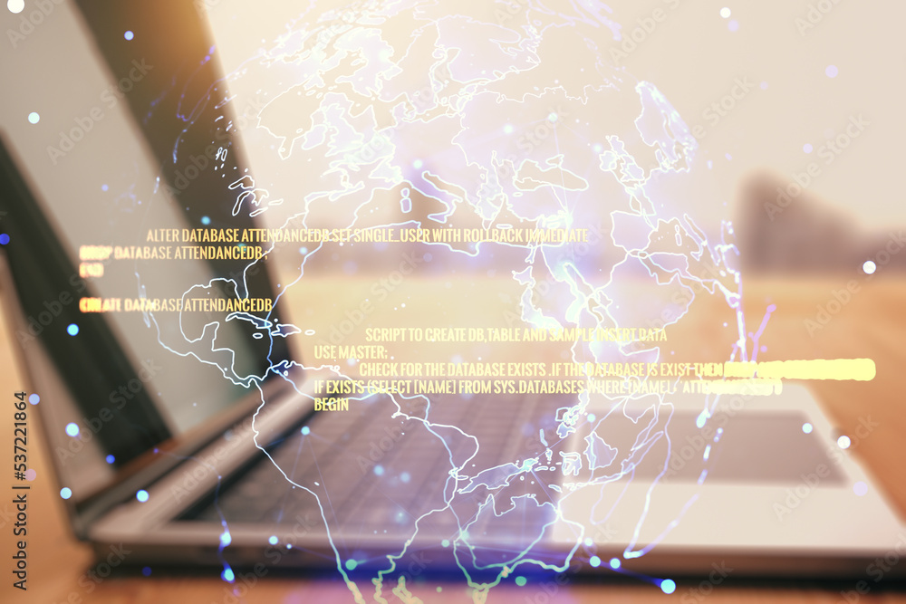 Aufkleber multi exposure of abstract software development hologram with world map on laptop background, global