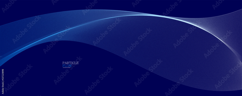 Poster dark blue airy particles flow vector design, abstract background with wave of flowing dots array, di