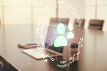 Creative abstract people icons sketch on modern laptop background, life and real estate insurance online concept. Double exposure