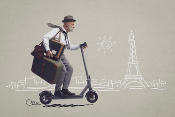 Vintage style traveler riding a scooter