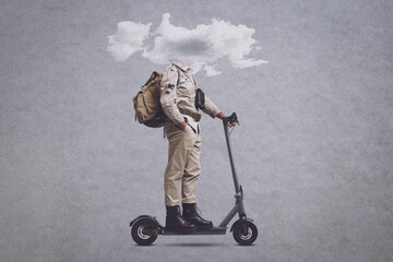 Explorer with head in a cloud riding a scooter