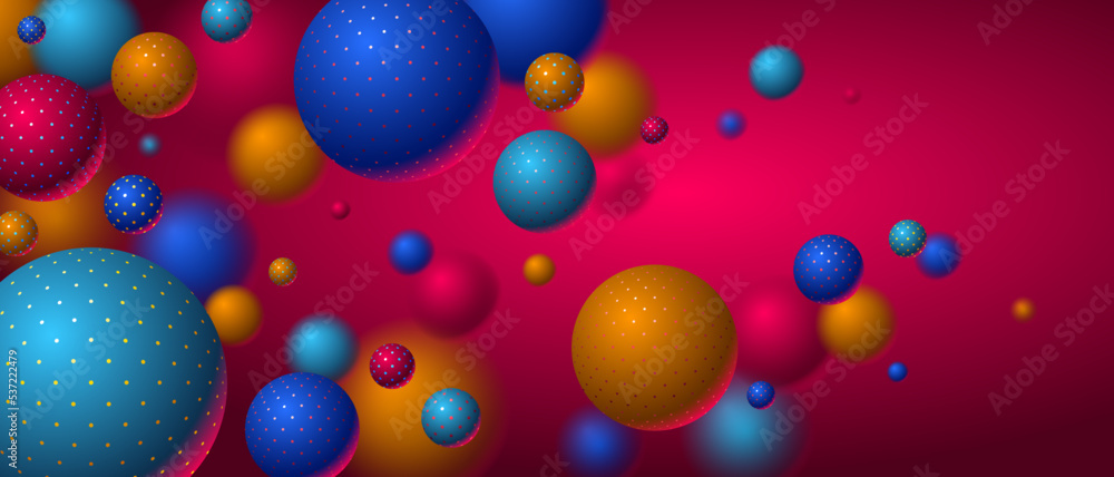 Poster abstract dotted spheres vector background, composition of flying balls decorated with dots, 3d mixed