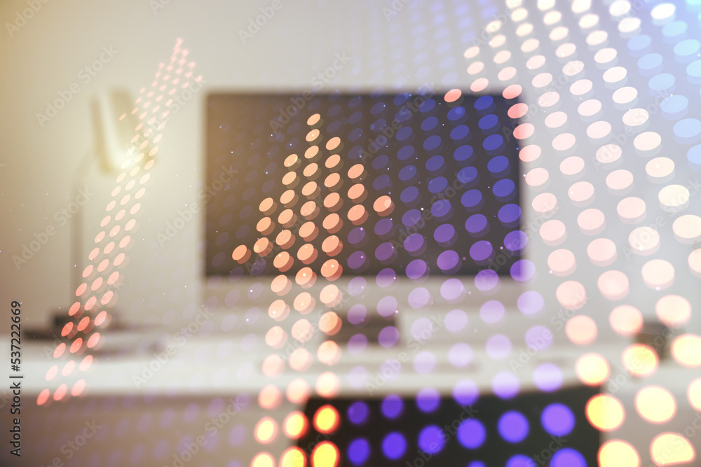 Poster double exposure of creative abstract upward arrows hologram on laptop background. ambition and chall