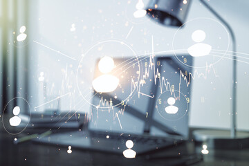 Double exposure of social network icons concept with modern laptop on background. Marketing and promotion concept